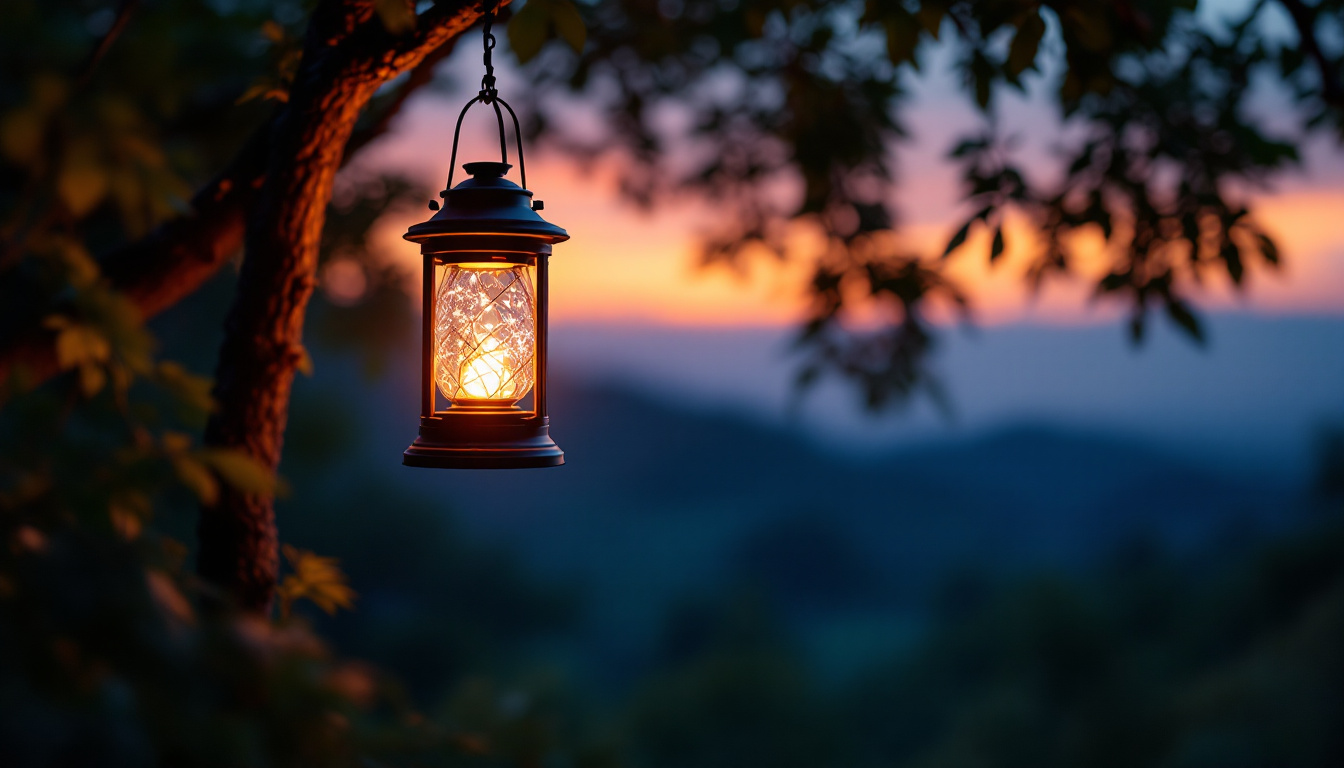 A photograph of a beautifully illuminated solar-powered hanging lantern in a serene outdoor setting during twilight