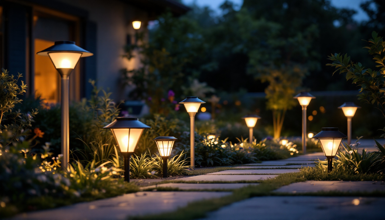 A photograph of a beautifully illuminated outdoor space featuring a variety of top-rated solar outdoor lights in action