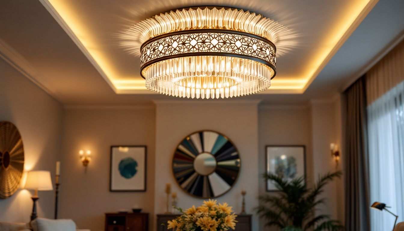 A photograph of a beautifully designed luxury ceiling light fixture in an elegantly decorated room