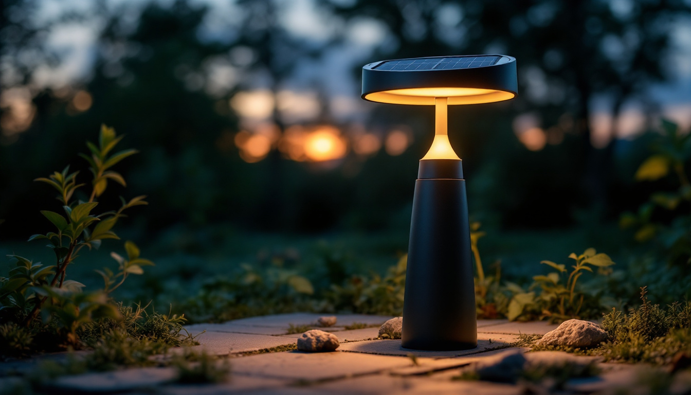 A photograph of a solar led lamp illuminating a serene outdoor setting at dusk