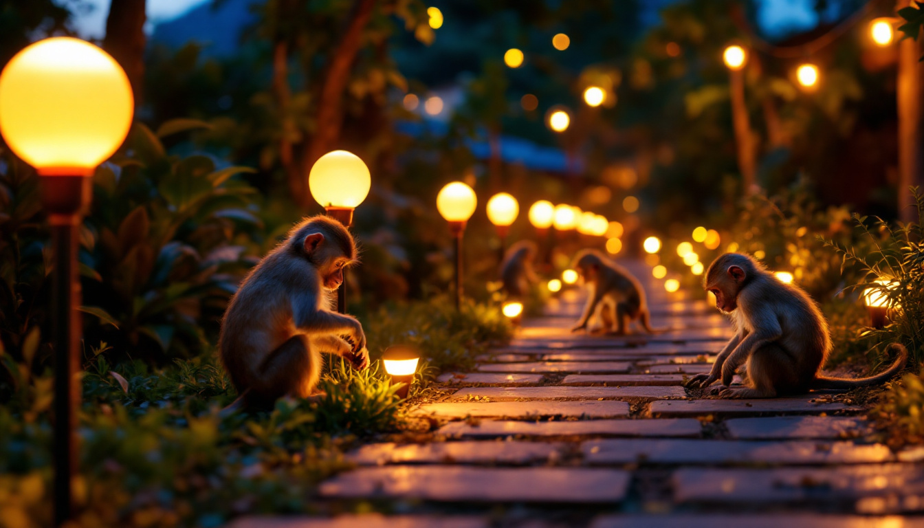 A photograph of a vibrant outdoor scene featuring solar-powered lights illuminating a pathway or garden at dusk