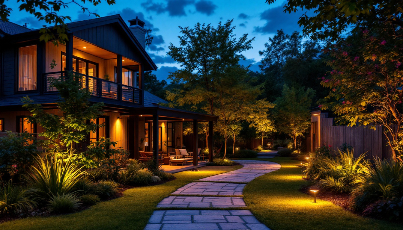 A photograph of a vibrant outdoor scene illuminated by led flood bulbs at dusk