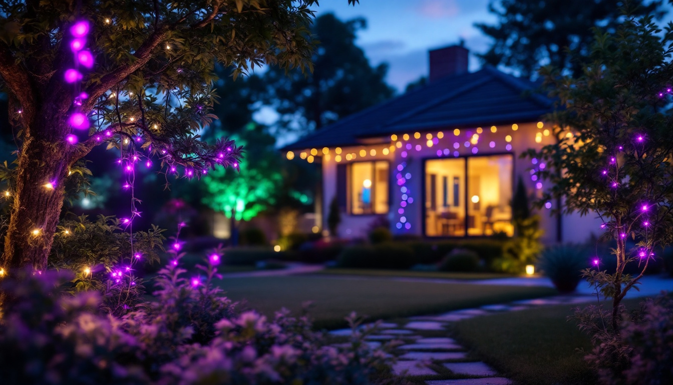 A photograph of a beautifully illuminated outdoor space featuring led lights adorning the exterior of a house