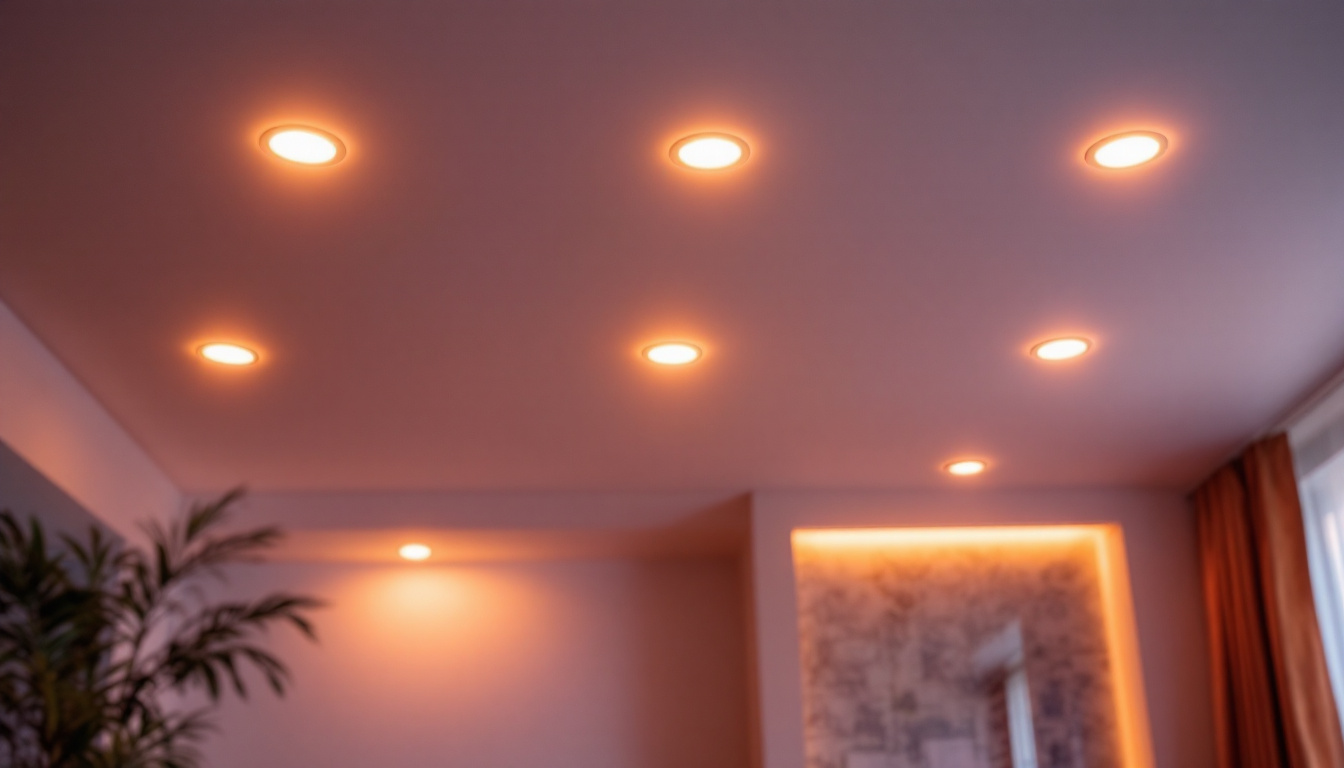 A photograph of a beautifully designed modern interior showcasing recessed led lamps illuminating the space