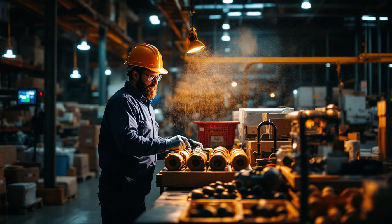 A photograph of a well-lit workplace or warehouse scene featuring dollar tree solar lamps in use