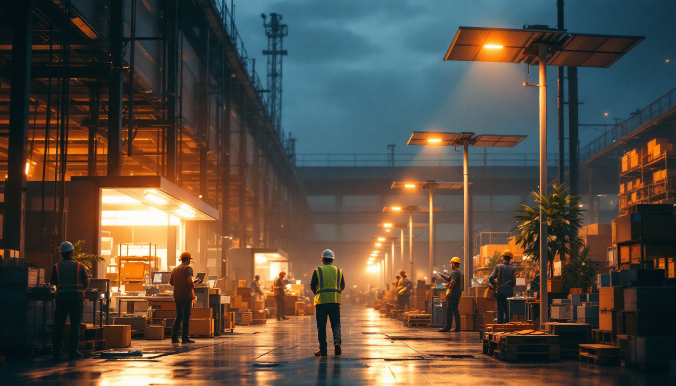A photograph of a modern workplace or warehouse illuminated by solar-powered lamp posts