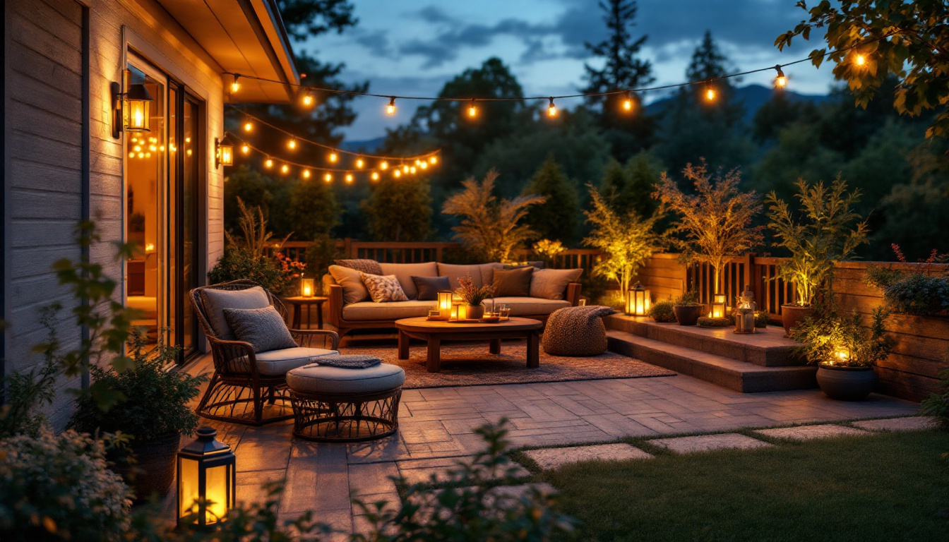 A photograph of a beautifully illuminated outdoor patio at dusk