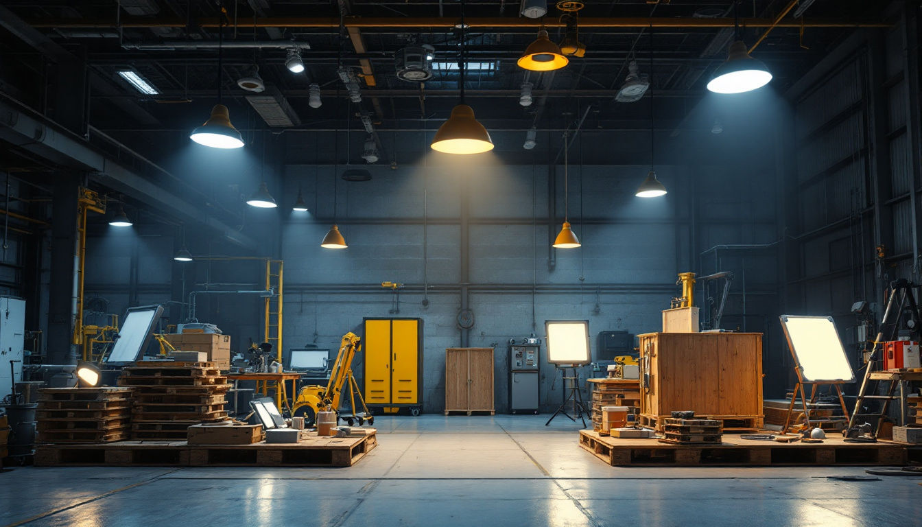 A photograph of a well-lit industrial workspace showcasing various types of industrial lights in action