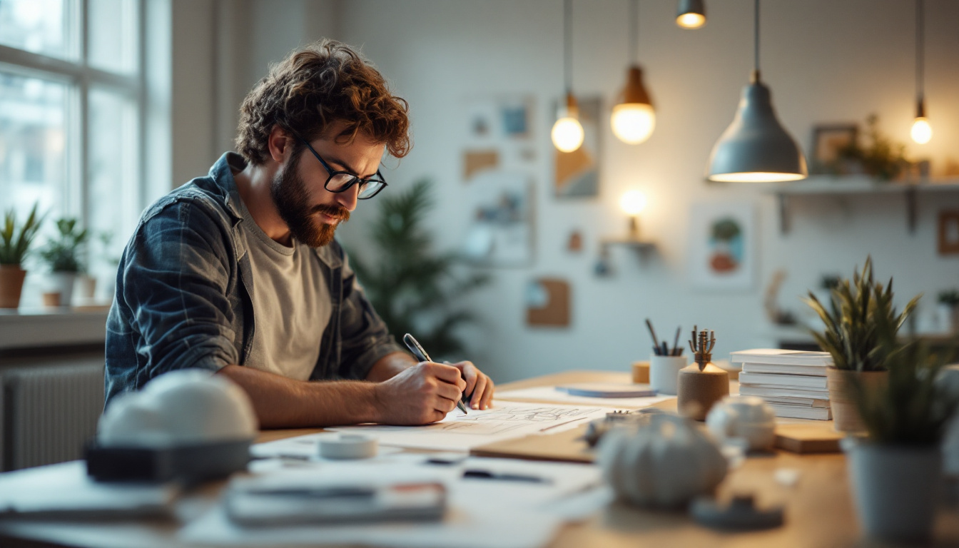 A photograph of a designer sketching innovative lighting fixture concepts in a bright