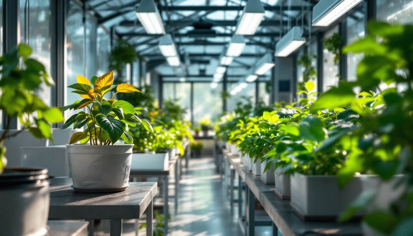 A photograph of a modern greenhouse interior showcasing ip65-rated lighting and equipment in use