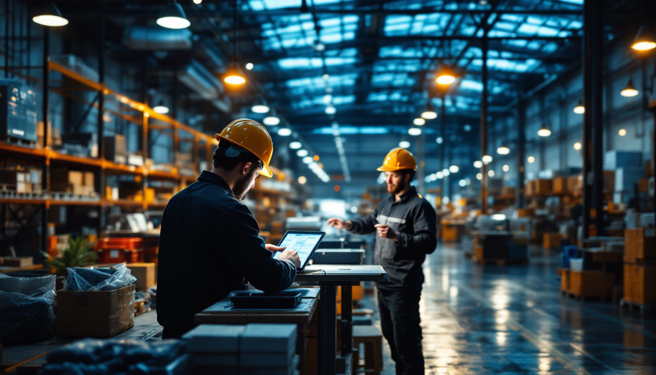 A photograph of a modern workplace or warehouse illuminated by solar-powered lights