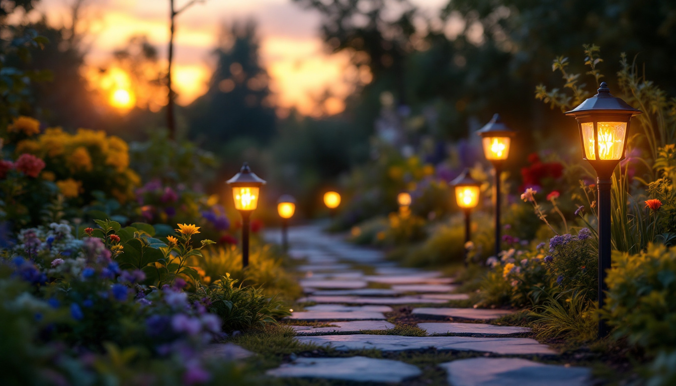 A photograph of a beautifully illuminated outdoor garden scene at dusk