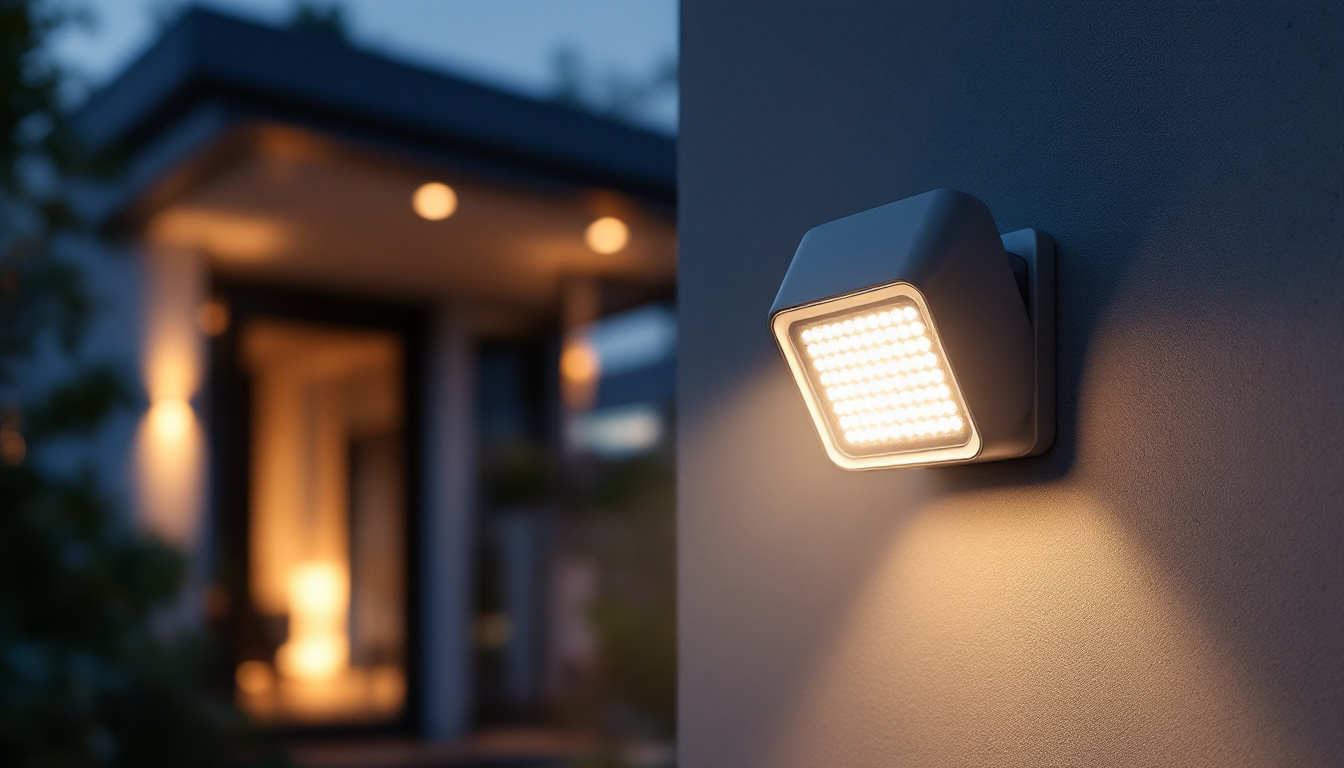 A photograph of a modern outdoor security light illuminating a residential or commercial space at dusk