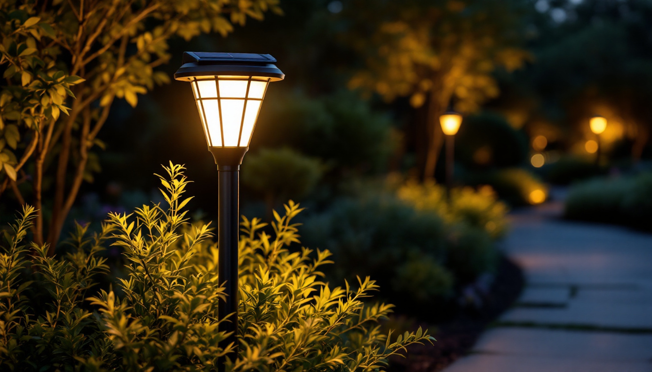 A photograph of a beautifully illuminated solar post light fixture in a landscaped outdoor setting during twilight