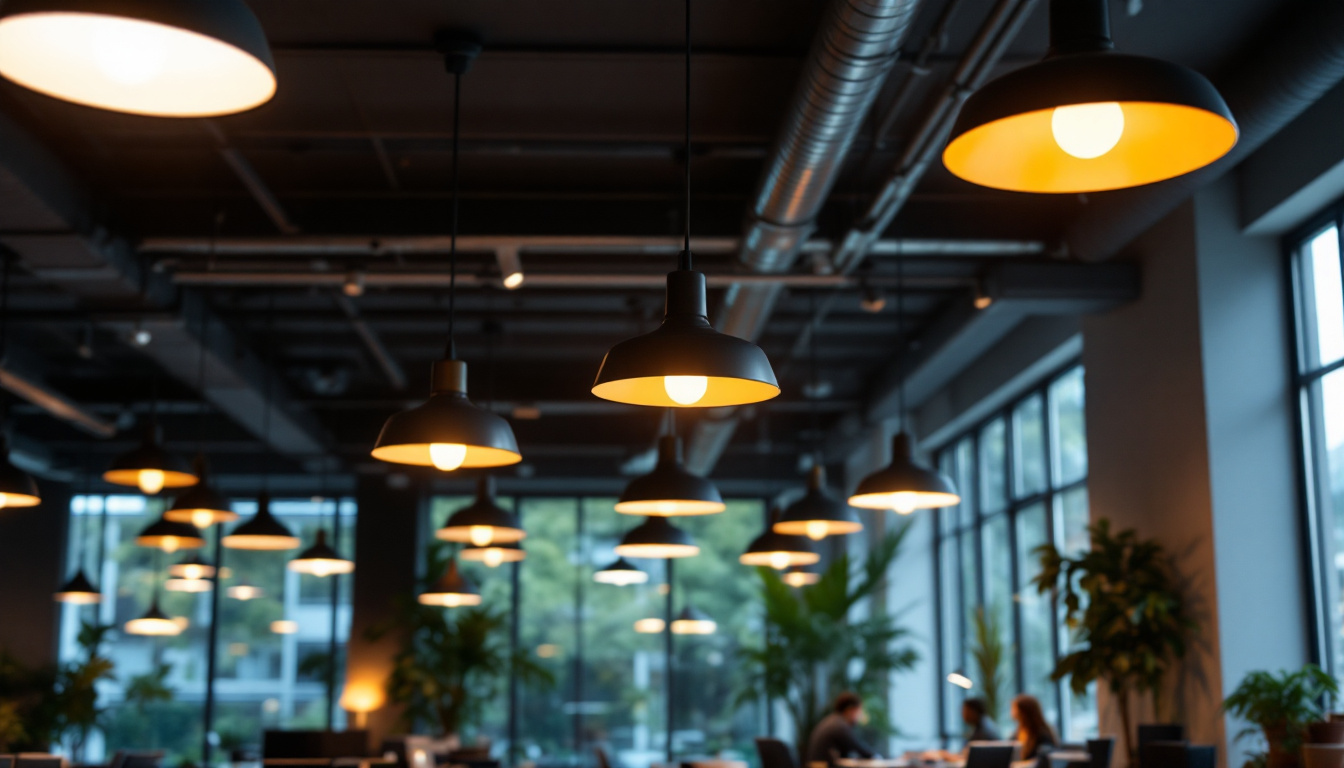 A photograph of a modern office space featuring stylish ceiling lights that not only illuminate the area but also enhance the overall aesthetic and productivity