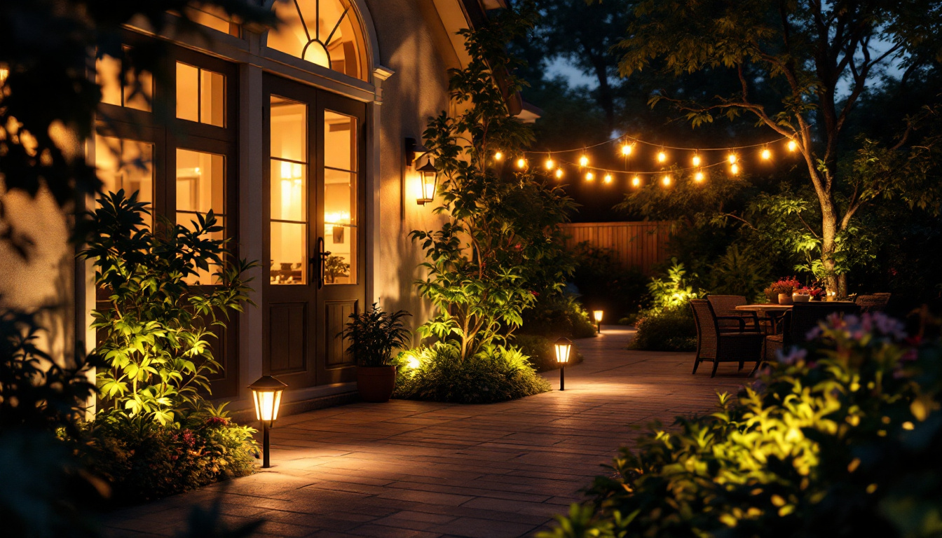 A photograph of a beautifully lit outdoor space showcasing a variety of solar lights in use
