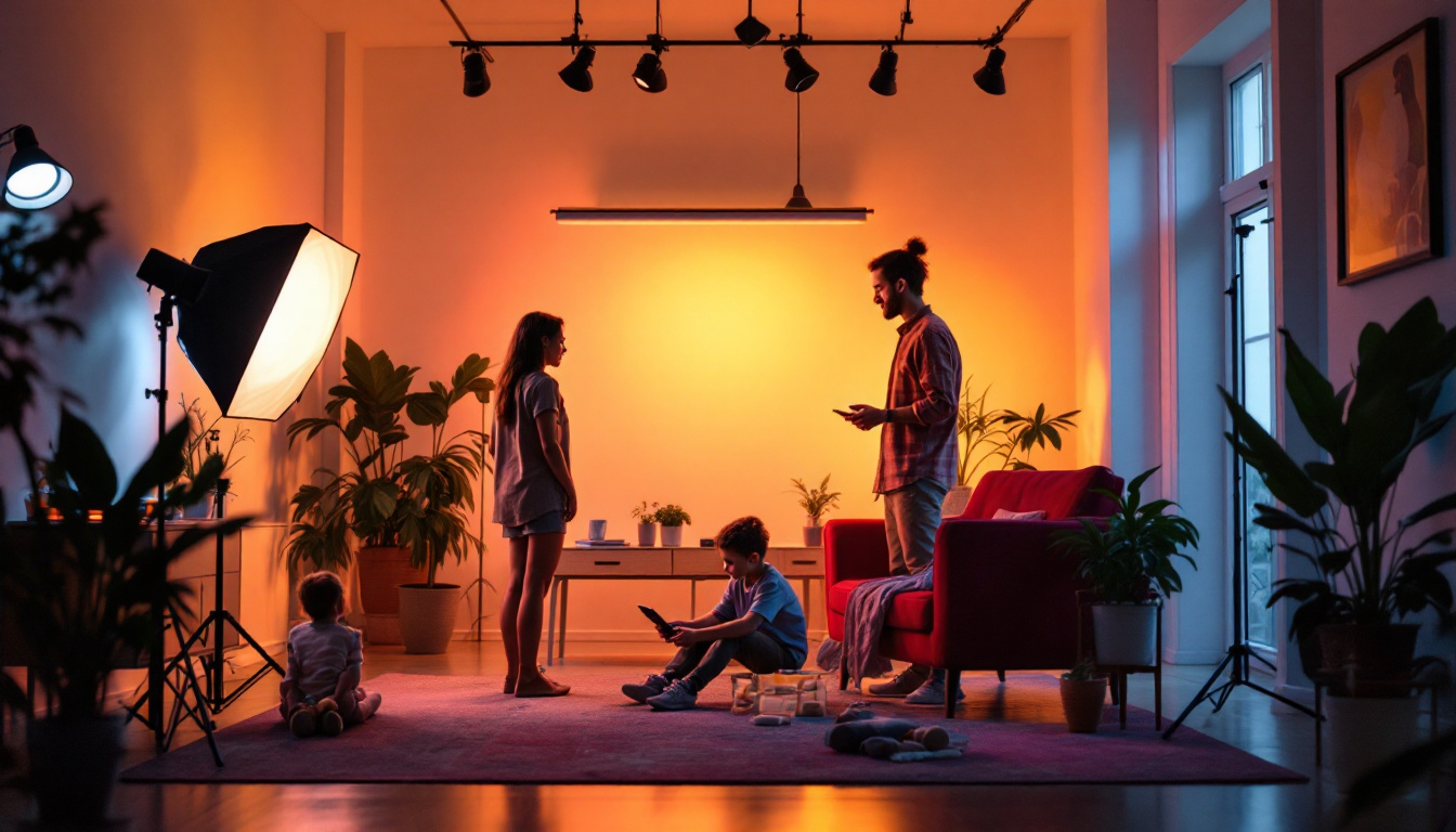 A photograph of a well-lit room showcasing various lighting setups