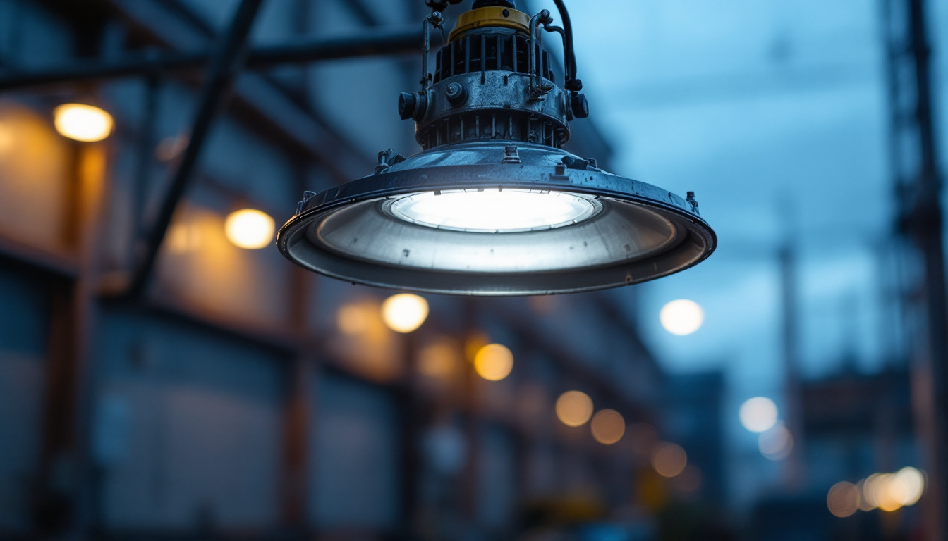 A photograph of a metal halide lamp in an industrial or outdoor setting