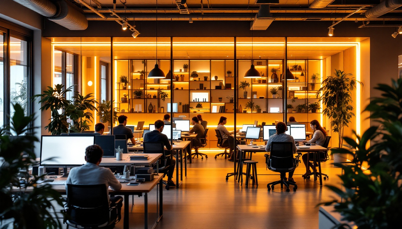 A photograph of a modern office space featuring a variety of led lighting solutions that enhance productivity and comfort