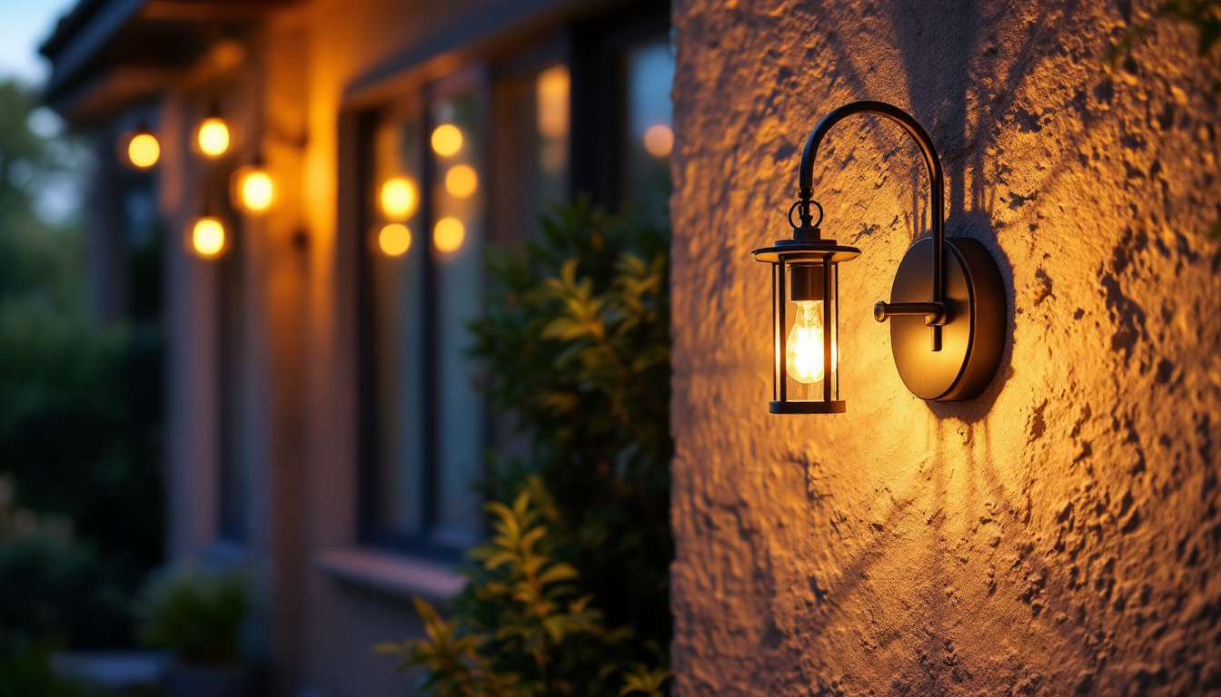 A photograph of a beautifully illuminated outdoor wall hanging light installed on a textured exterior wall