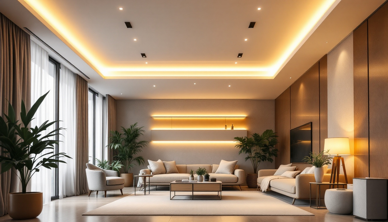 A photograph of a beautifully designed interior space showcasing ceiling recessed led lighting in action