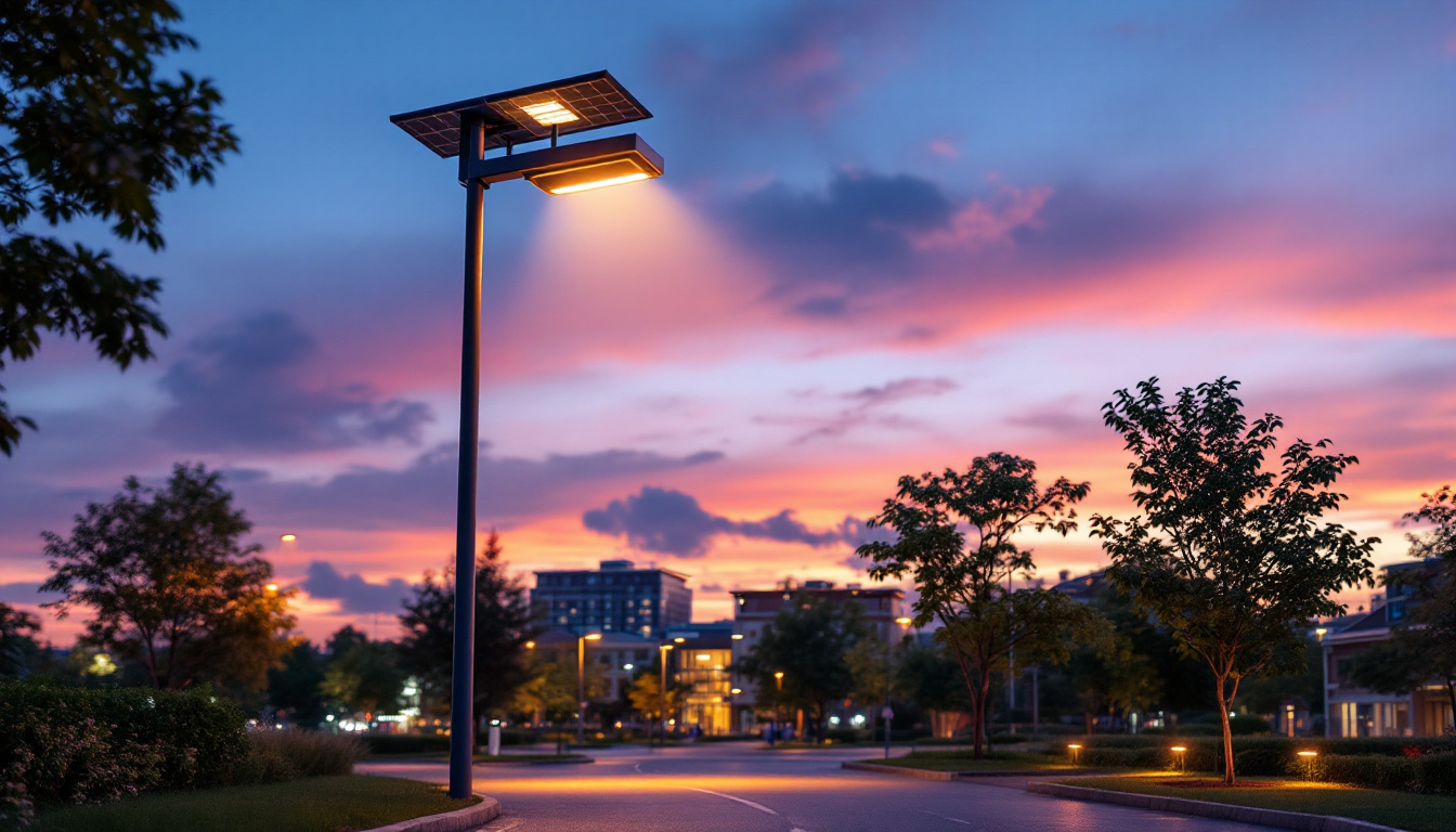 A photograph of a modern solar lamppost illuminating a vibrant urban setting at dusk