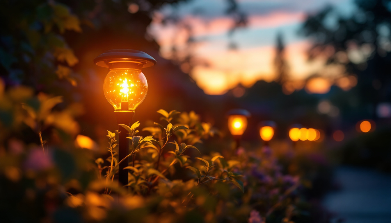 A photograph of a beautifully illuminated outdoor space featuring solar-powered led lights in action during dusk
