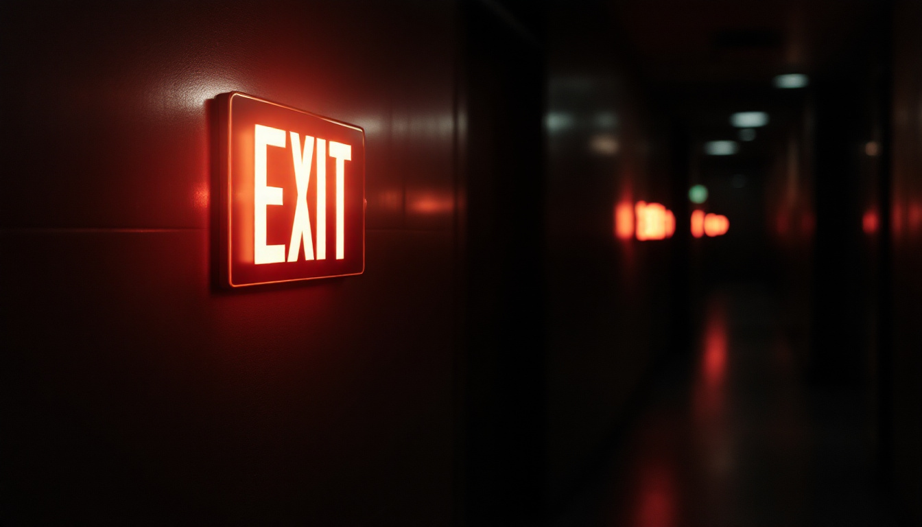 A photograph of capture a photograph of a dimly lit corridor with illuminated exit lights prominently displayed