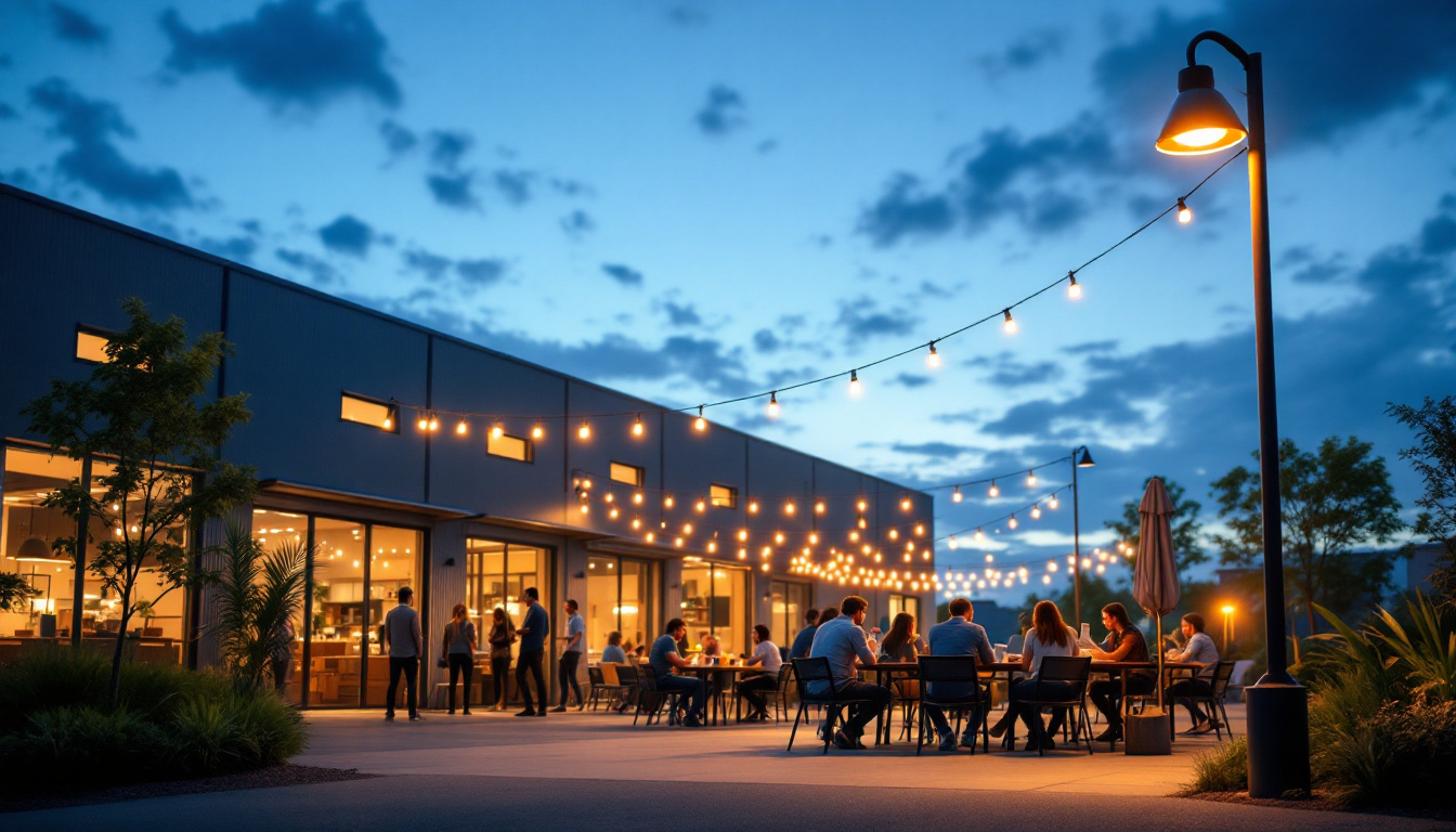 A photograph of a modern outdoor workspace or warehouse illuminated by stylish post lanterns