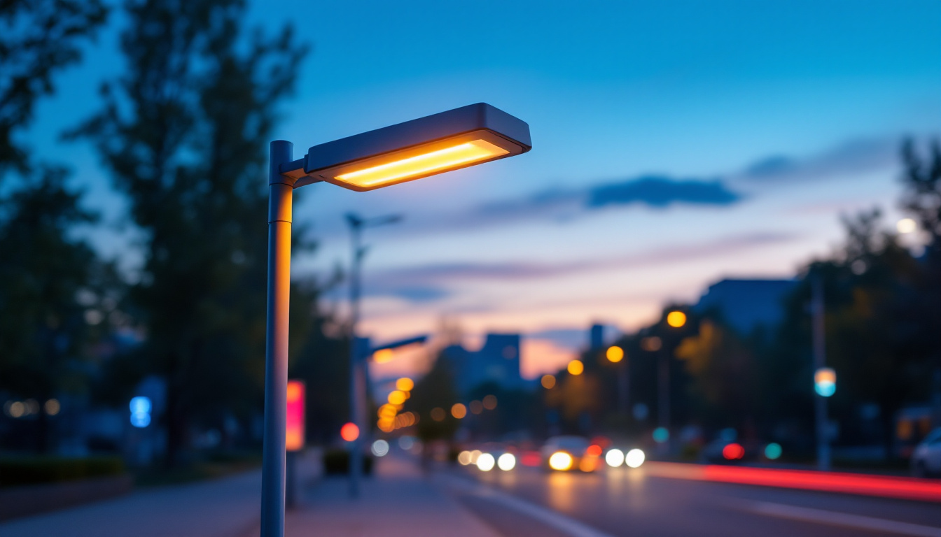 A photograph of a modern street light illuminated at dusk