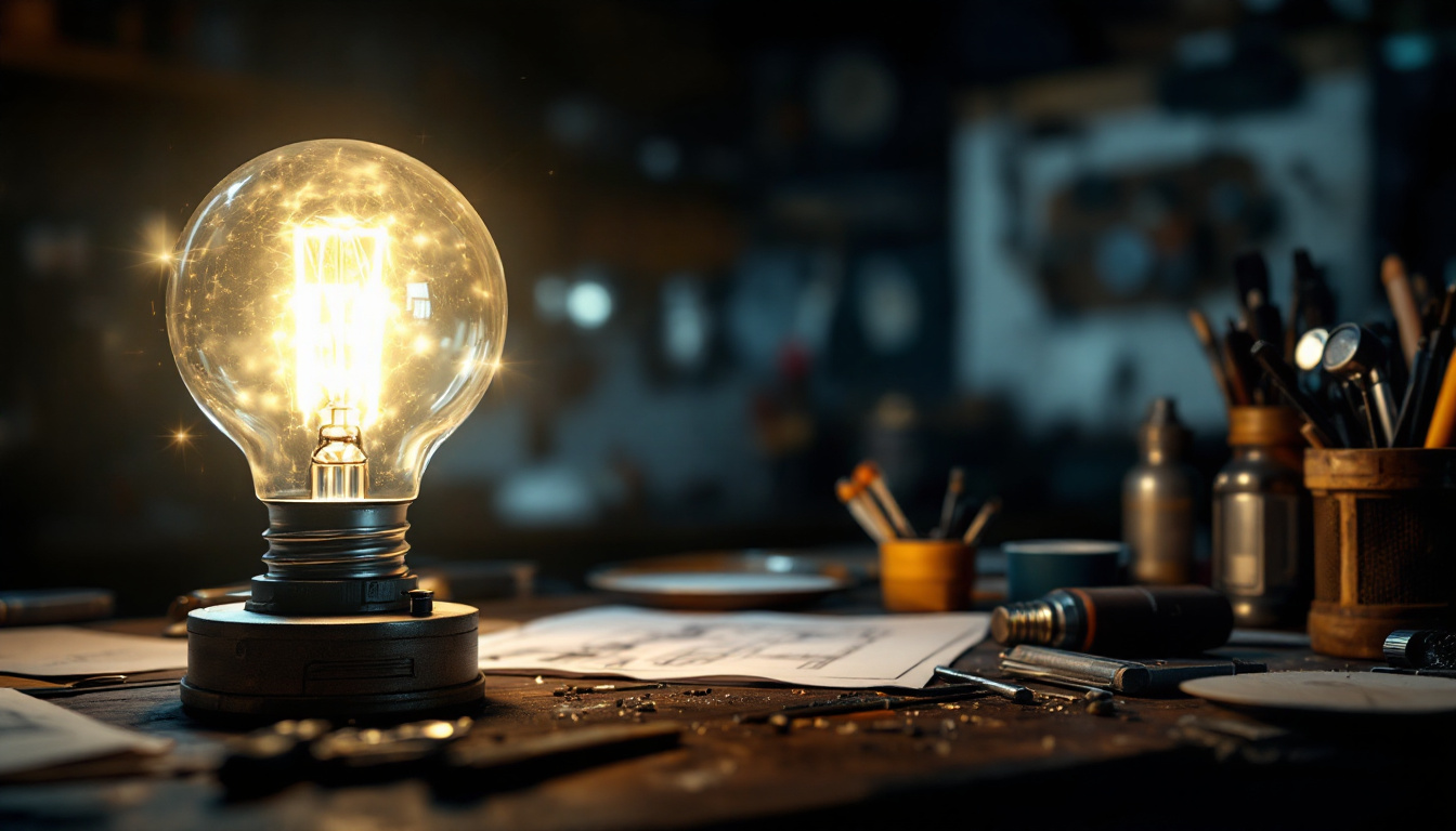A photograph of a dimly lit workshop scene featuring an early light bulb prototype on a cluttered workbench