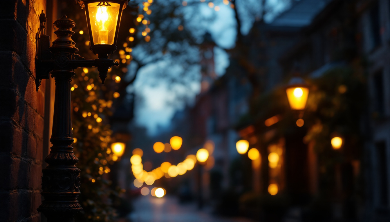 A photograph of a vintage gaslight illuminating a cozy urban street at dusk