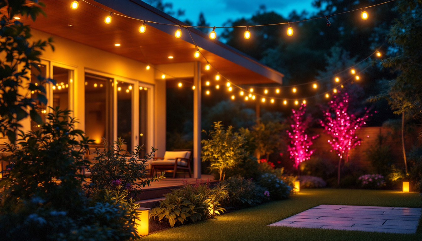A photograph of a beautifully lit outdoor space showcasing vibrant led lights illuminating a garden or patio area at dusk