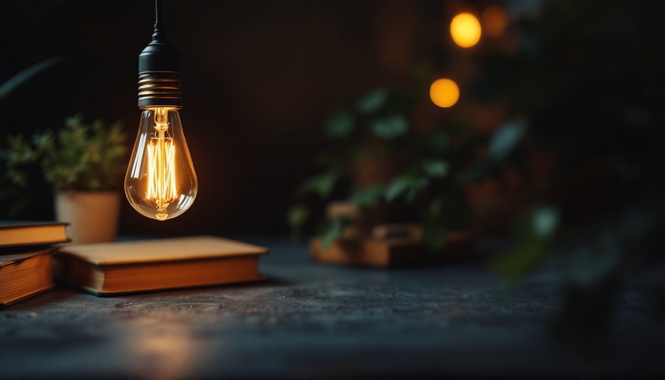 A photograph of a vintage light bulb glowing softly in a darkened room