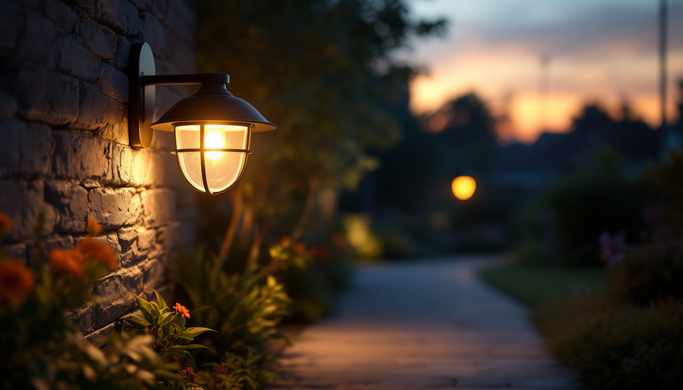 A photograph of a beautifully designed outdoor security lamp illuminating a pathway or garden at dusk