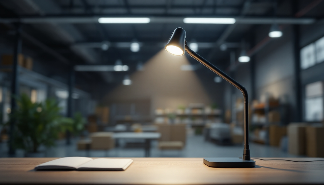 A photograph of a gooseneck wireless-operated light illuminating a modern workspace or warehouse