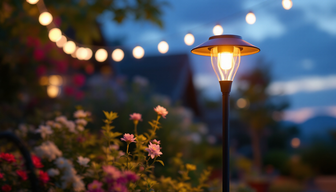 A photograph of a solar led lamp illuminating a vibrant outdoor setting at dusk