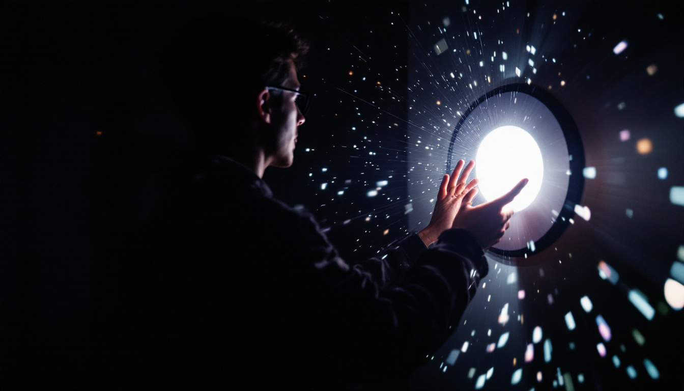 A photograph of a dynamic scene featuring a person activating a movement-activated light in a dark environment