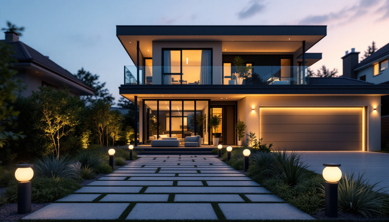 A photograph of a beautifully illuminated outdoor space featuring modern led house lights