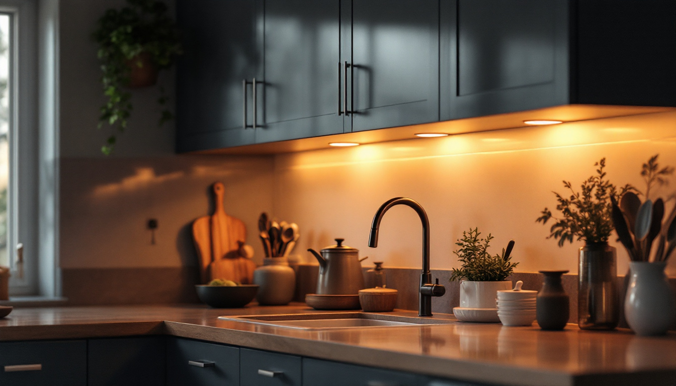 A photograph of a beautifully lit kitchen featuring highest lumen puck lights installed under the cabinets