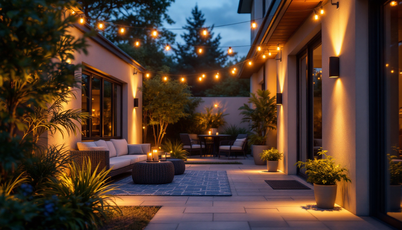 A photograph of a beautifully lit patio at dusk