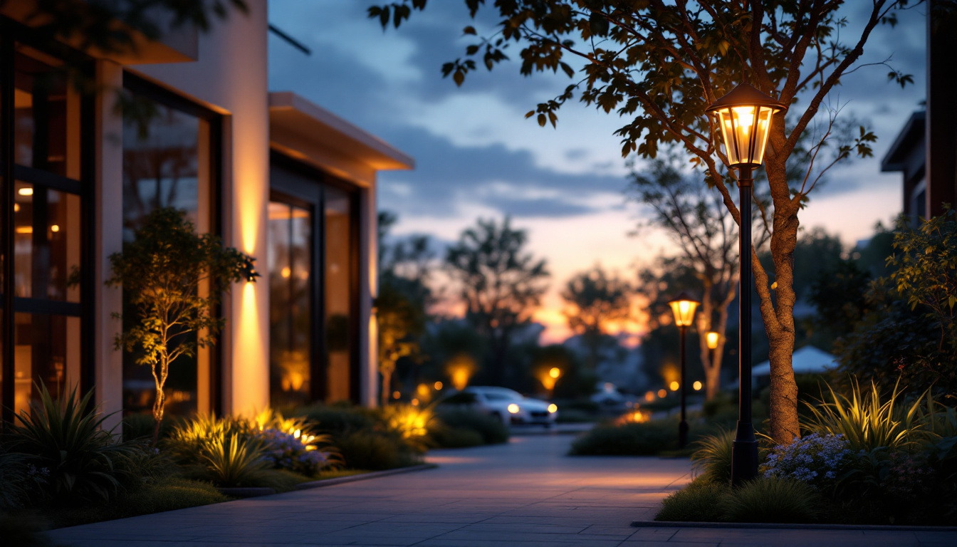 A photograph of a beautifully illuminated outdoor space featuring stylish post lighting fixtures that enhance the ambiance