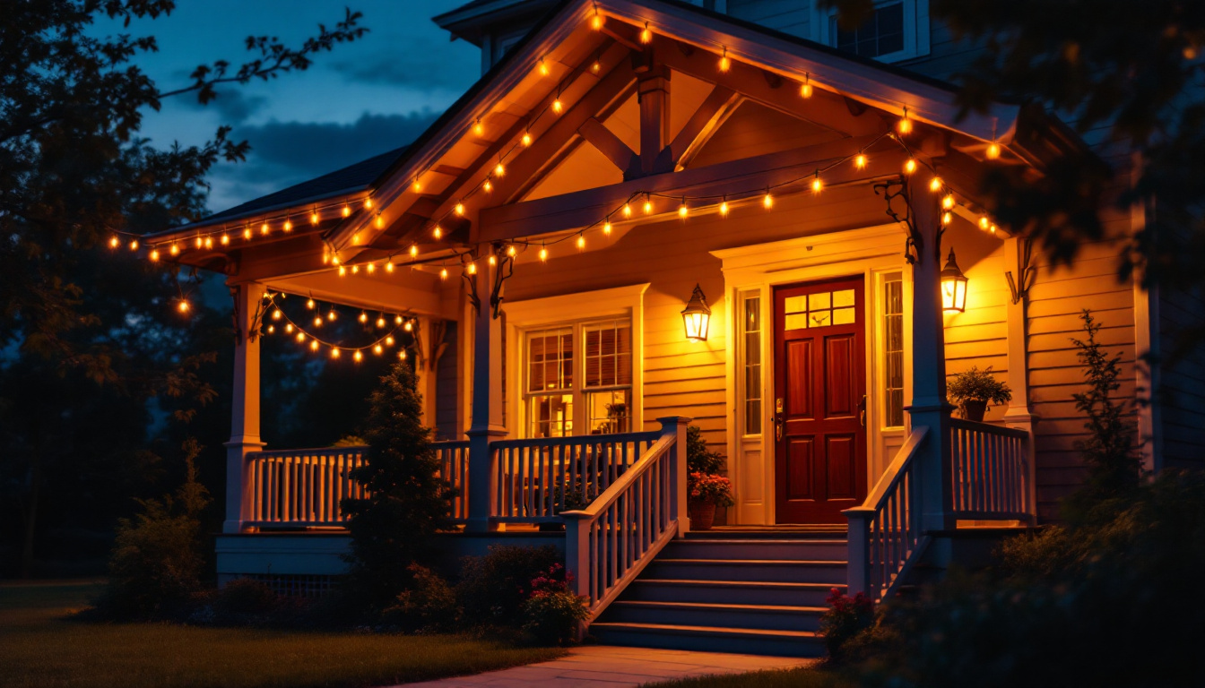 A photograph of a beautifully illuminated porch at dusk