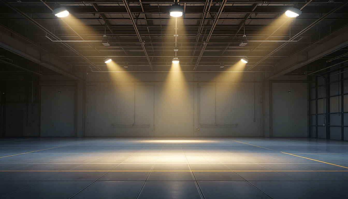 A photograph of a modern industrial or commercial space illuminated by motion sensor lights
