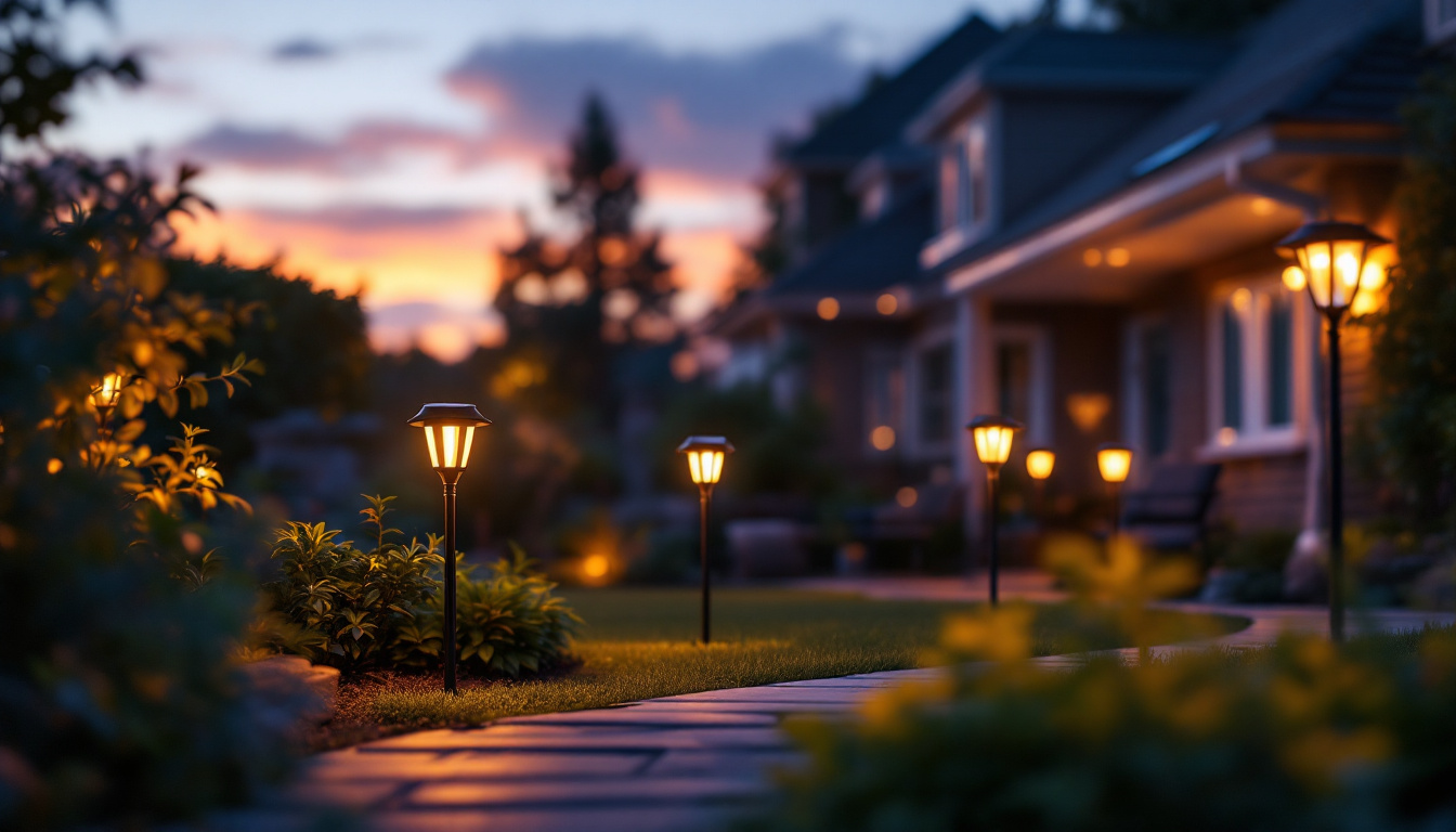 A photograph of a beautifully illuminated outdoor space featuring various solar lights in action
