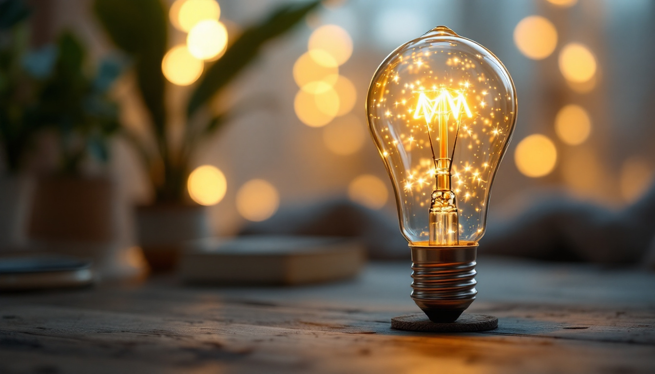 A photograph of a close-up shot of a modern led light bulb illuminating a cozy