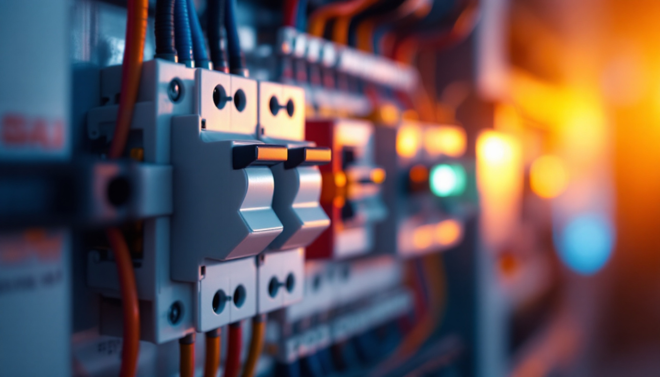A photograph of a close-up of a three-pole switch installed in a modern electrical panel
