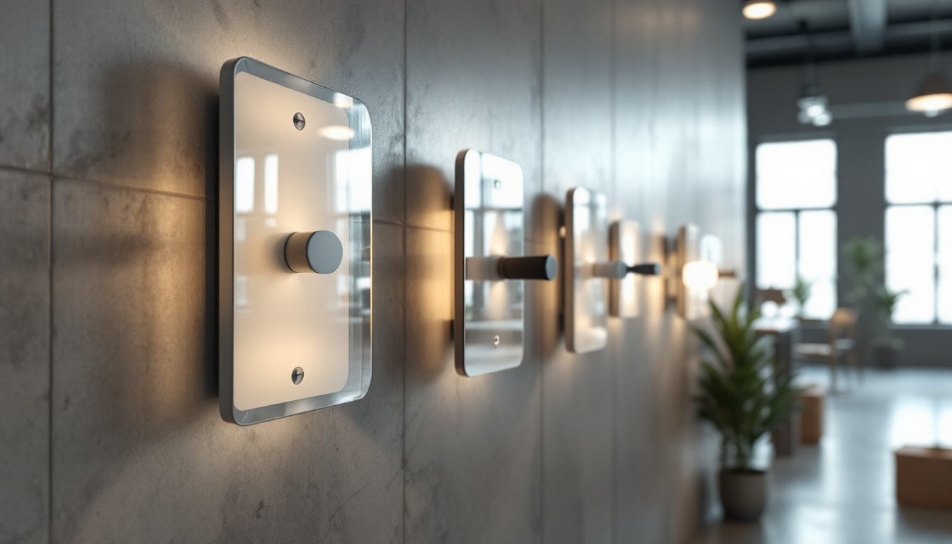 A photograph of capture a photograph of a modern workplace or warehouse featuring various light switches made from innovative materials