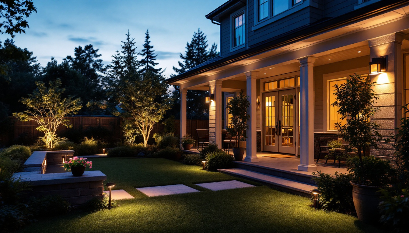 A photograph of a beautifully illuminated outdoor space featuring a variety of outdoor lighting fixtures that enhance the architectural features of a house