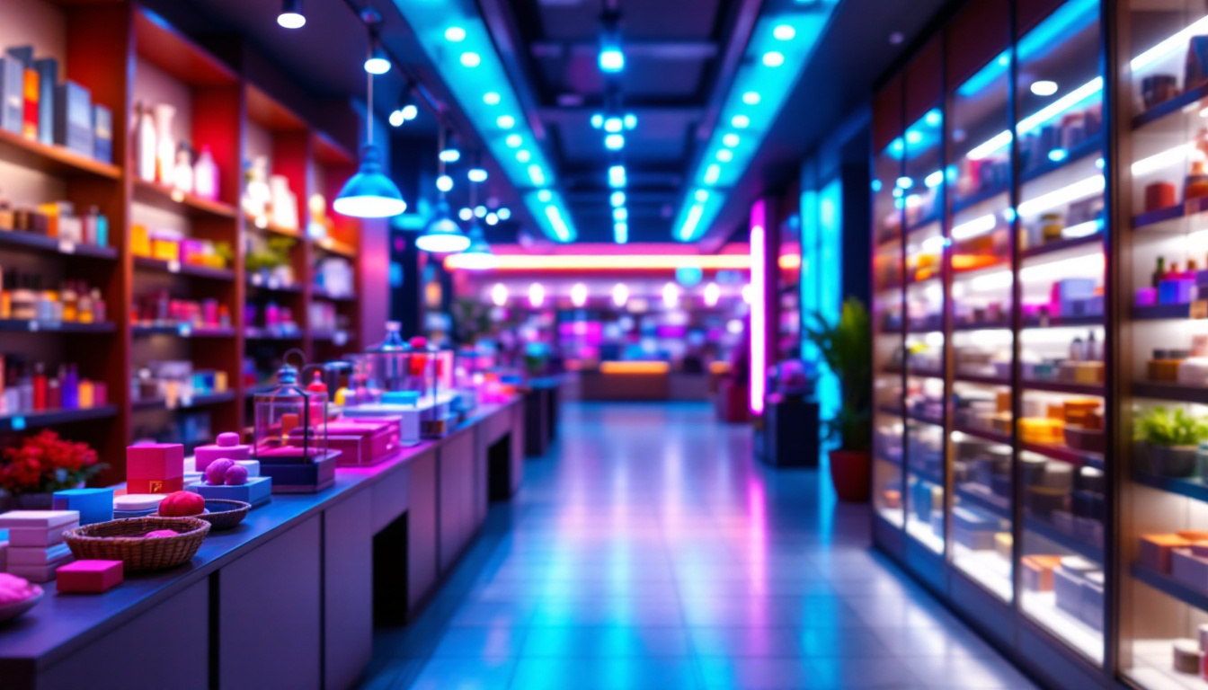 A photograph of a well-lit retail space showcasing vibrant products under led shop lighting